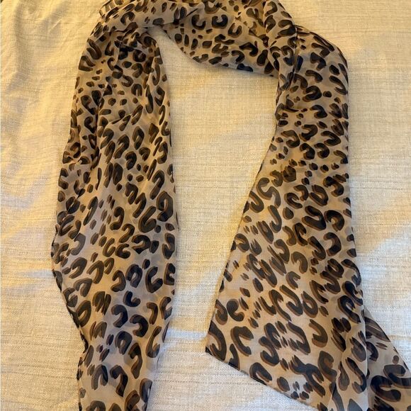 Long oblong silk scarf/wrap in Tan & Brown Print. - Picture 2 of 4